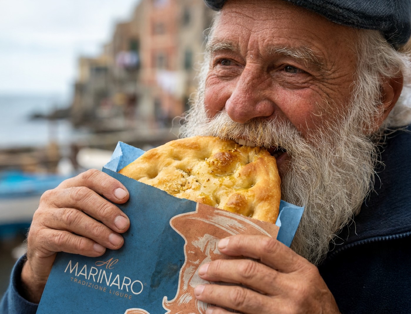 Un uomo anziano morde la focaccia nell’incarto Al Marinaro