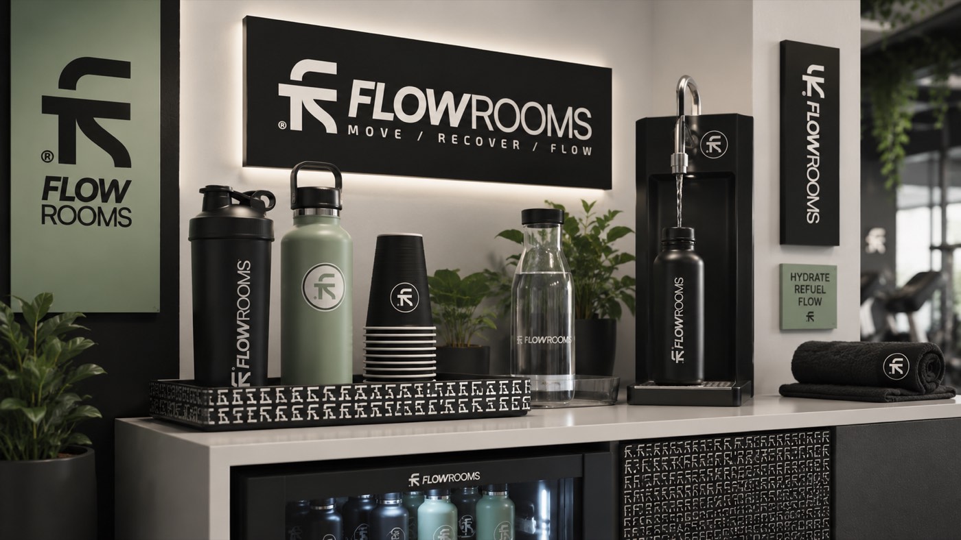 Il banco delle bevande FlowRooms, con borracce e materiali del marchio