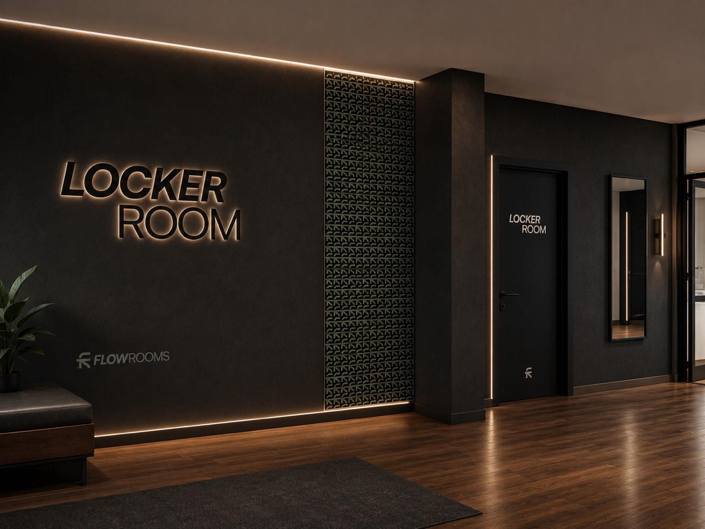 L’ingresso della Locker Room, con la scritta in luce sulla parete scura