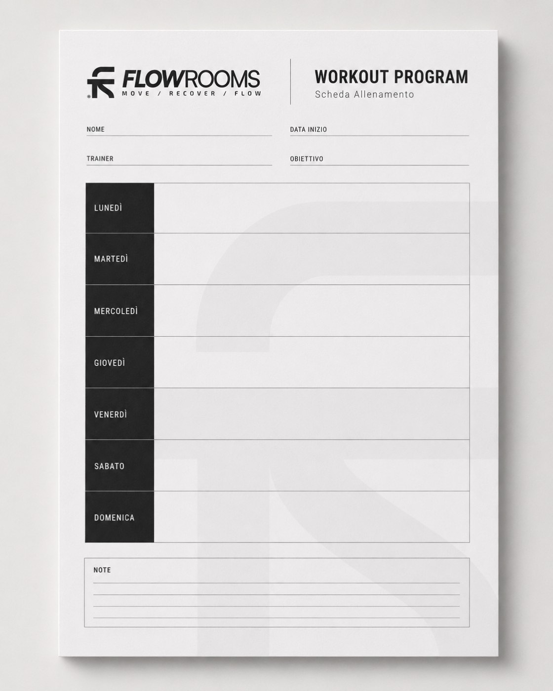 La scheda di allenamento FlowRooms, da compilare