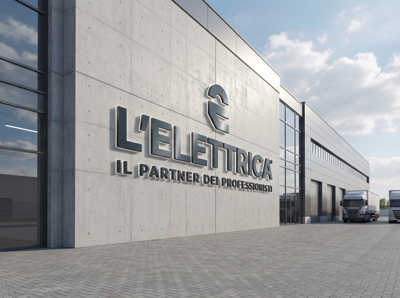 L’insegna L’Elettrica sulla facciata in cemento del magazzino