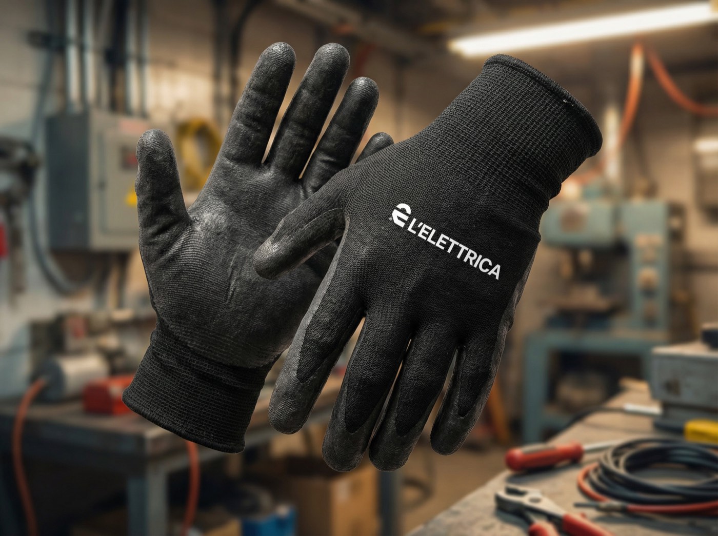 Guanti da lavoro L’Elettrica, neri con il marchio sul dorso