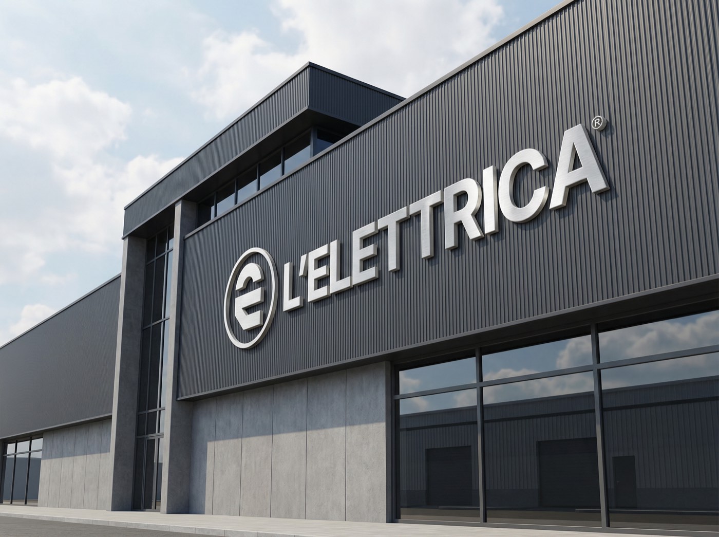 L’insegna L’Elettrica in metallo sul fronte del capannone
