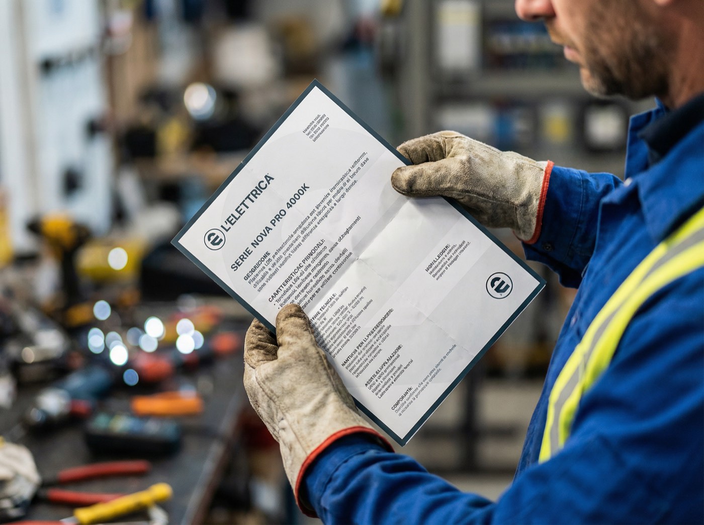 Un installatore consulta la scheda tecnica L’Elettrica in officina