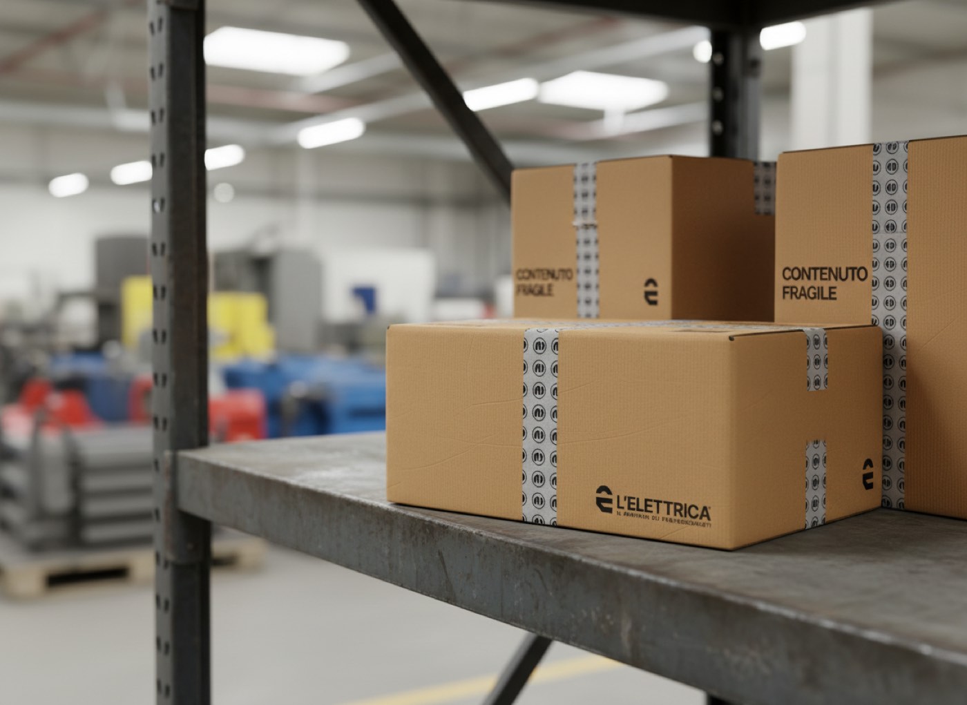 Scatole L’Elettrica su uno scaffale di magazzino