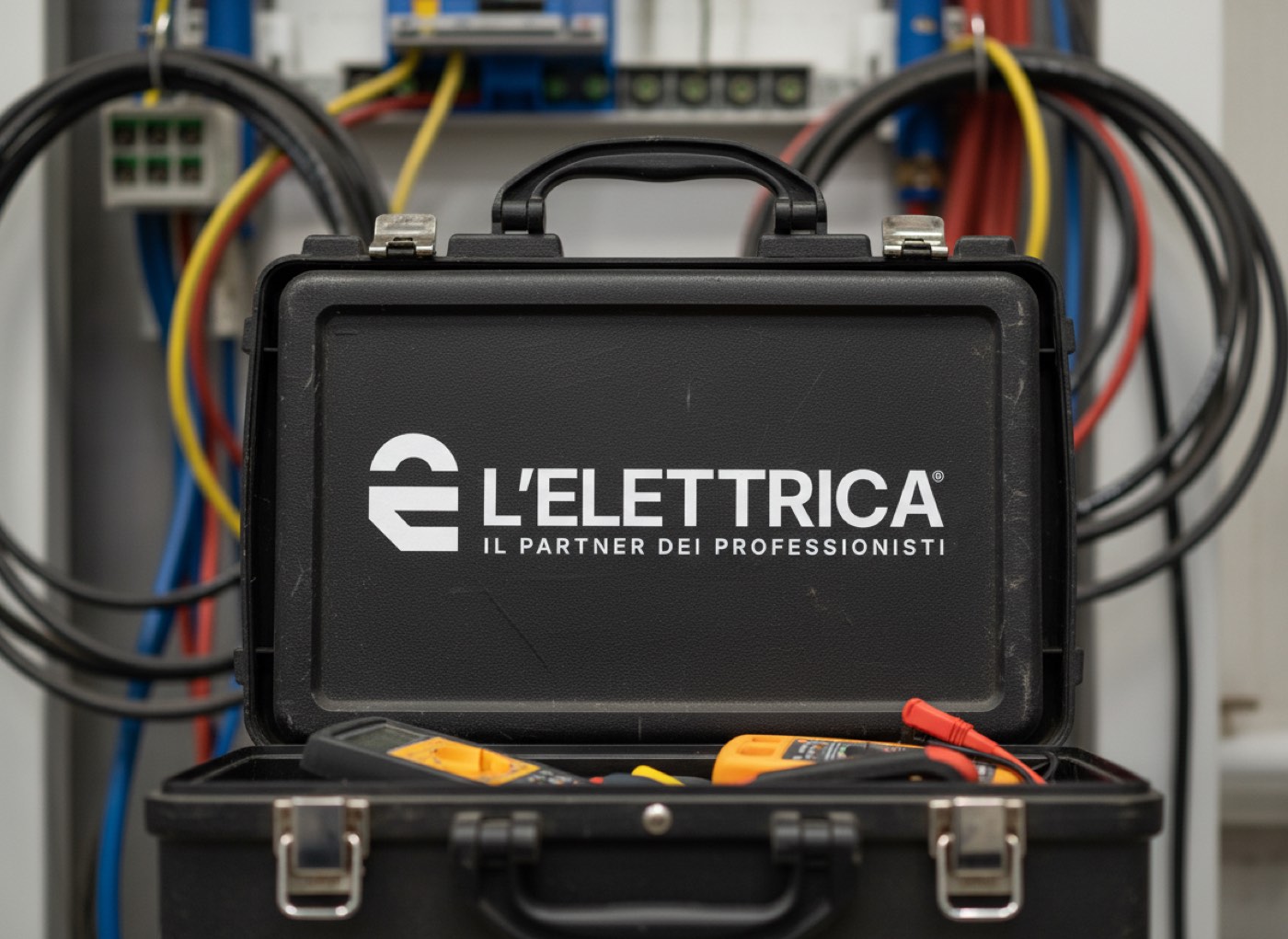Valigetta porta attrezzi L’Elettrica davanti a un quadro elettrico