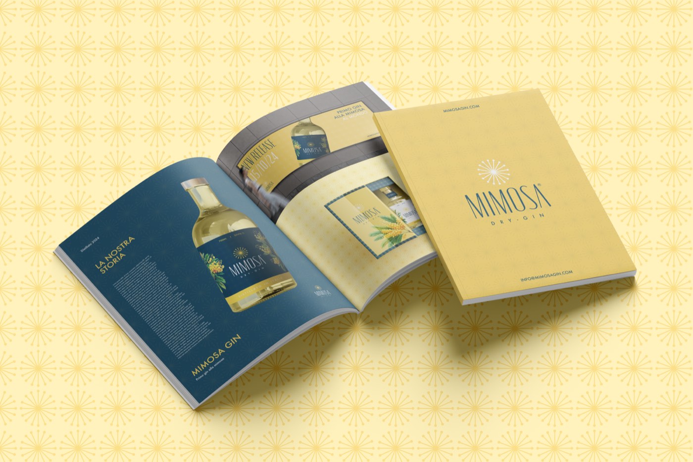 La brochure Mimosa aperta, con il motivo giallo e le pagine blu