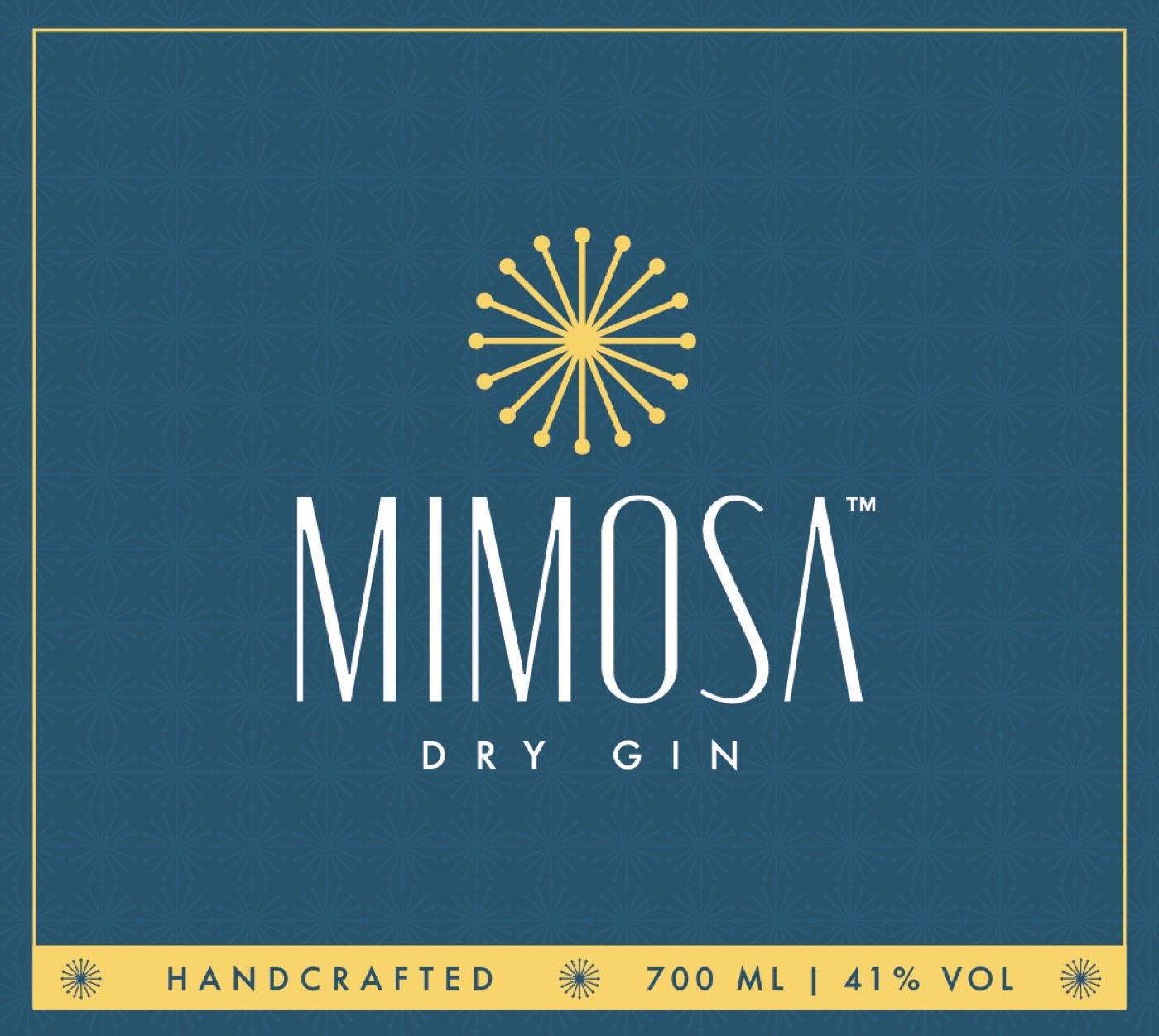 L’etichetta ufficiale di Mimosa Dry Gin: raggiera gialla su blu petrolio