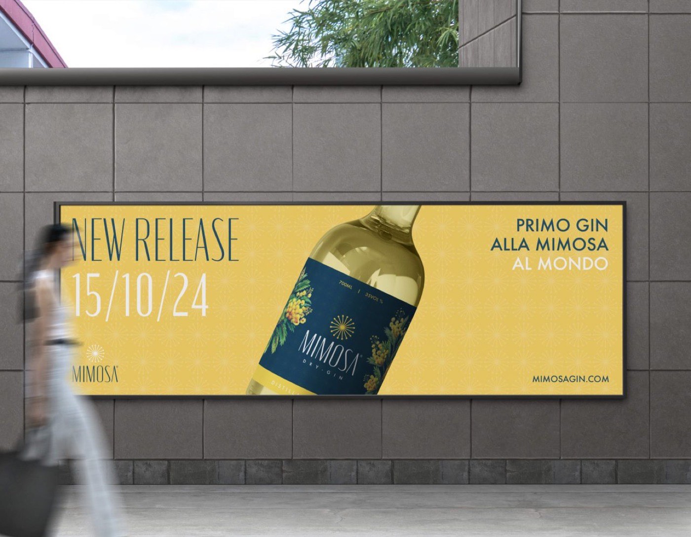 Il manifesto Mimosa in strada: «Primo gin alla mimosa al mondo»