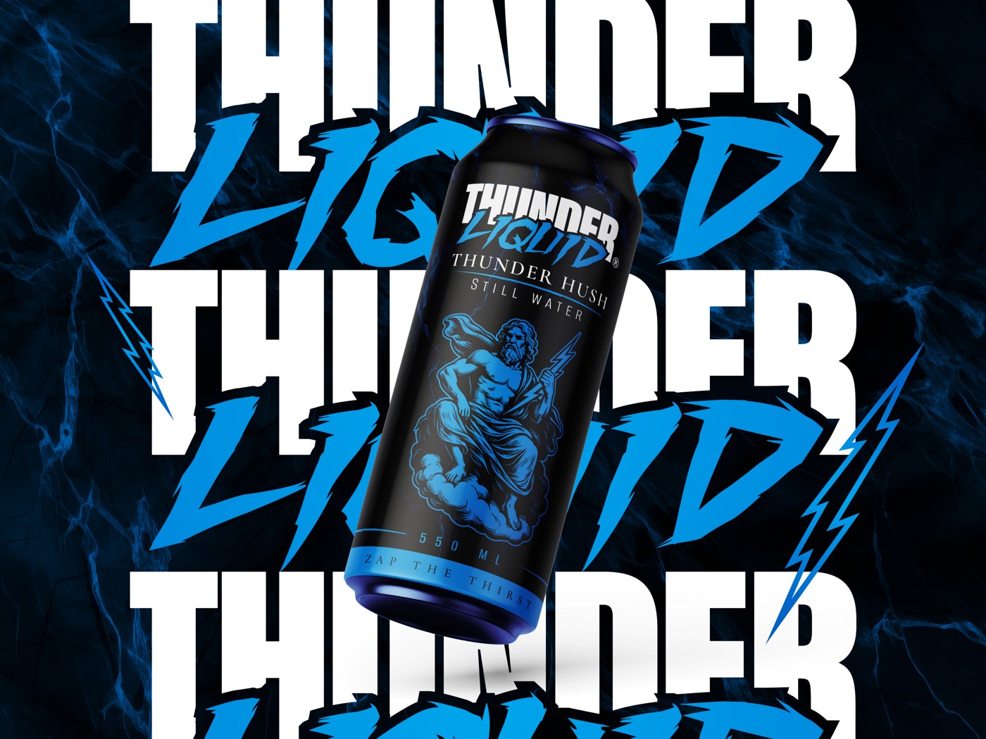 La lattina blu Thunder Hush, l’acqua naturale, fra i fulmini del lettering