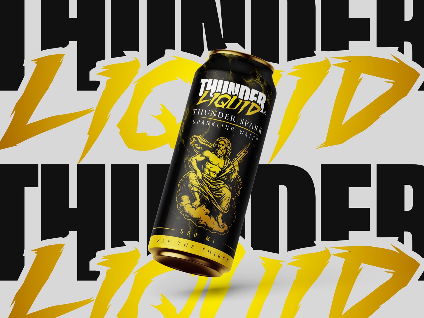 La lattina gialla Thunder Spark, l’acqua frizzante, sul lettering giallo