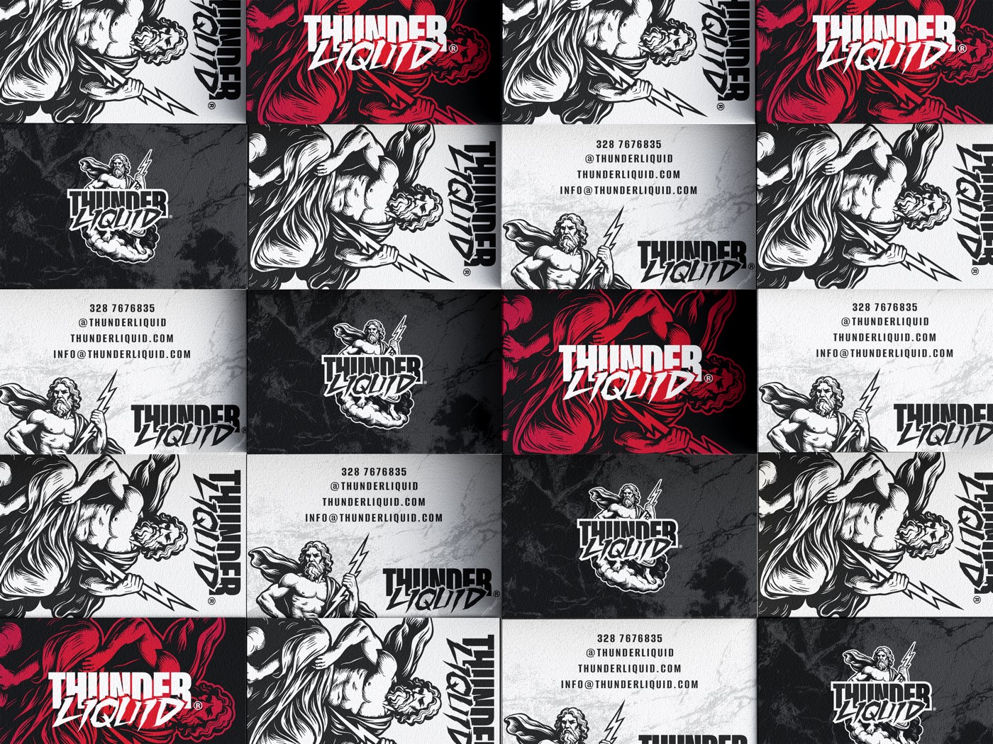 I biglietti da visita Thunder Liquid a scacchiera, bianchi rossi e neri