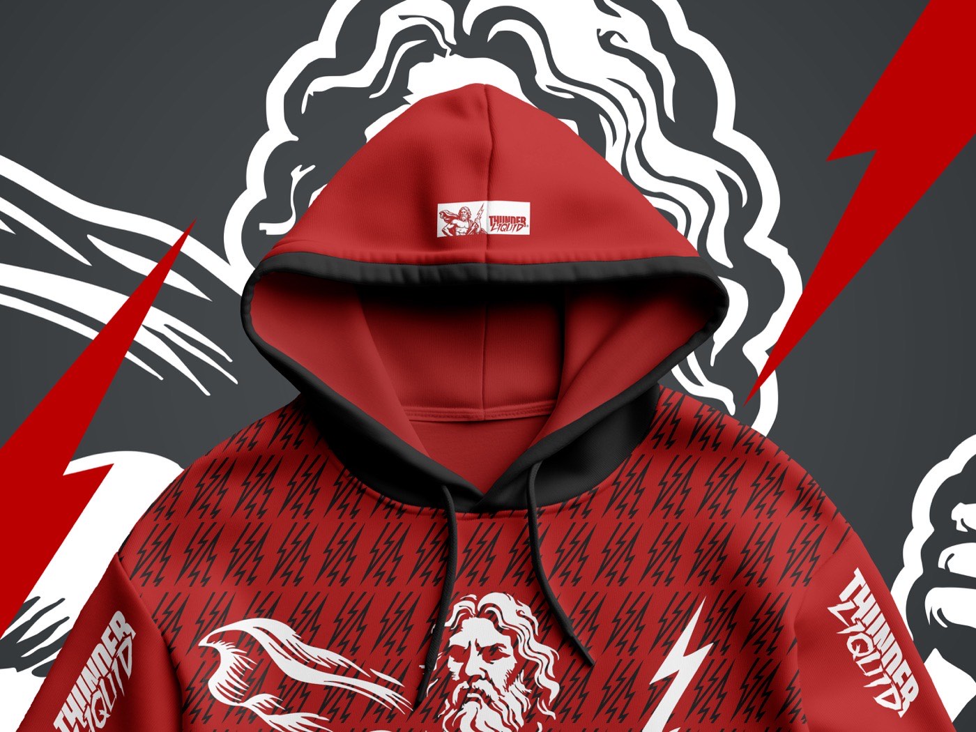 Felpa rossa con cappuccio, con Zeus stampato grande sul davanti