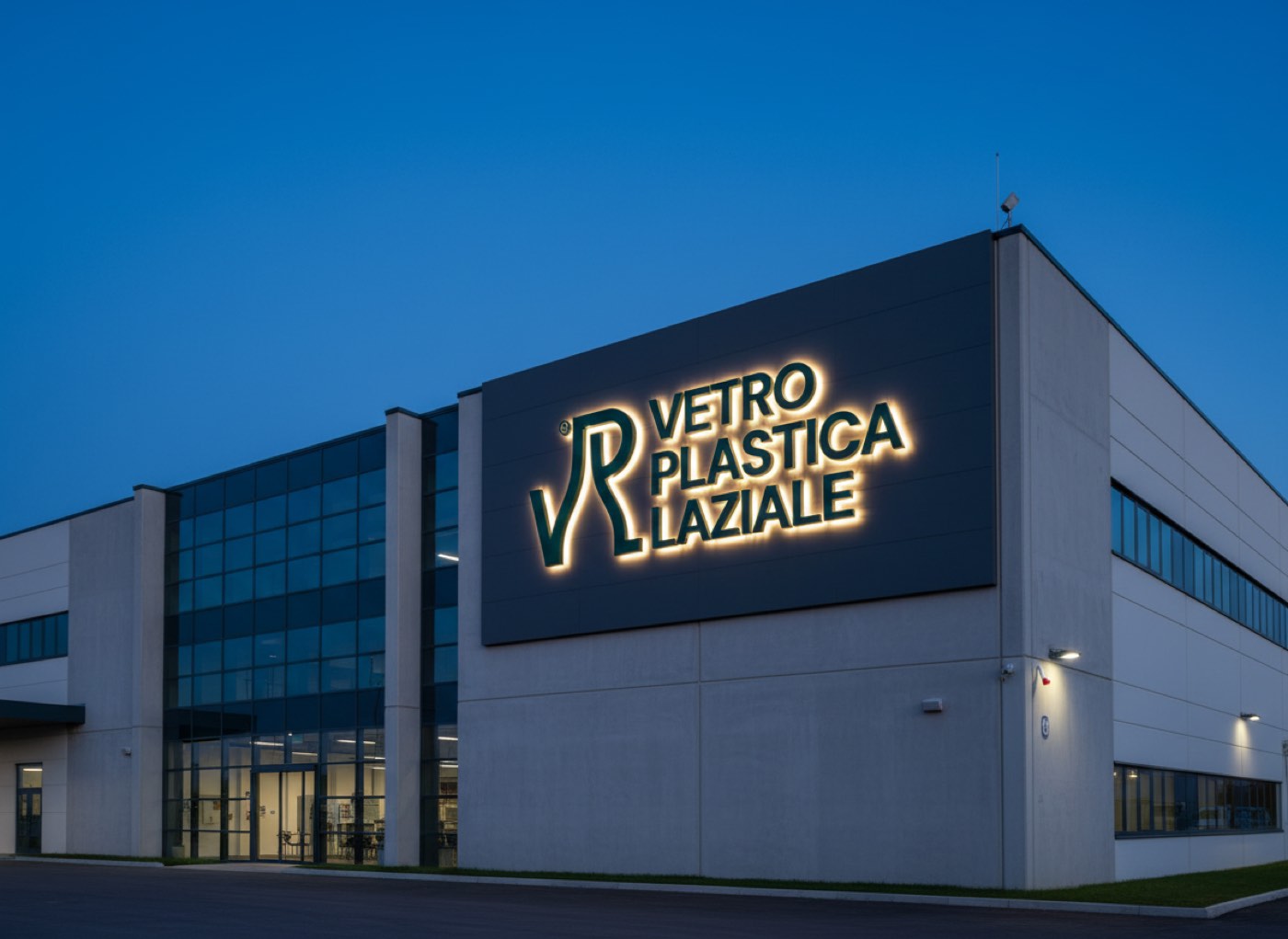 L’insegna Vetro Plastica Laziale illuminata sul capannone, all’imbrunire